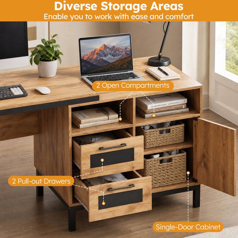 Diverse Storage Areas Enable you to work with ease and comfort

2 Open Compartments

2 Pull-out Drawers

Single-Door Cabinet