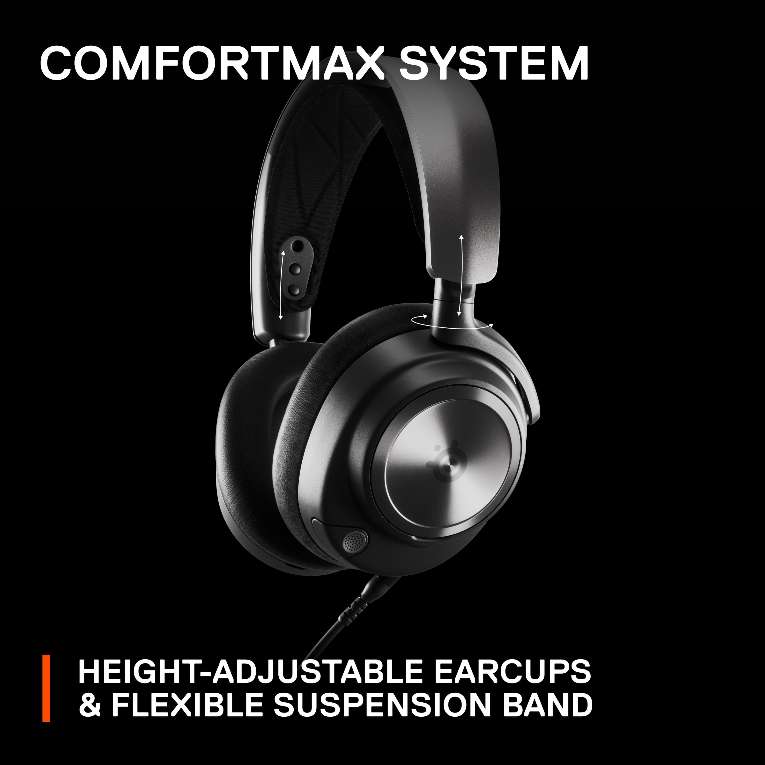 The image features a black headset with a flexible suspension band and height-adjustable earcups. The headset is part of the ComfortMax System, which is designed to provide a comfortable and secure fit for the user. The earcups are adjustable to accommodate various head sizes, while the suspension band ensures a snug and comfortable fit around the head. The headset is ideal for extended periods of use, making it suitable for activities such as gaming, listening to music, or participating in video conferences.