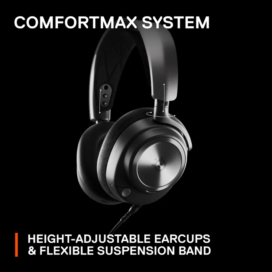 The image features a black headset with a flexible suspension band and height-adjustable earcups. The headset is part of the ComfortMax System, which is designed to provide a comfortable and secure fit for the user. The earcups are adjustable to accommodate various head sizes, while the suspension band ensures a snug and comfortable fit around the head. The headset is ideal for extended periods of use, making it suitable for activities such as gaming, listening to music, or participating in video conferences.