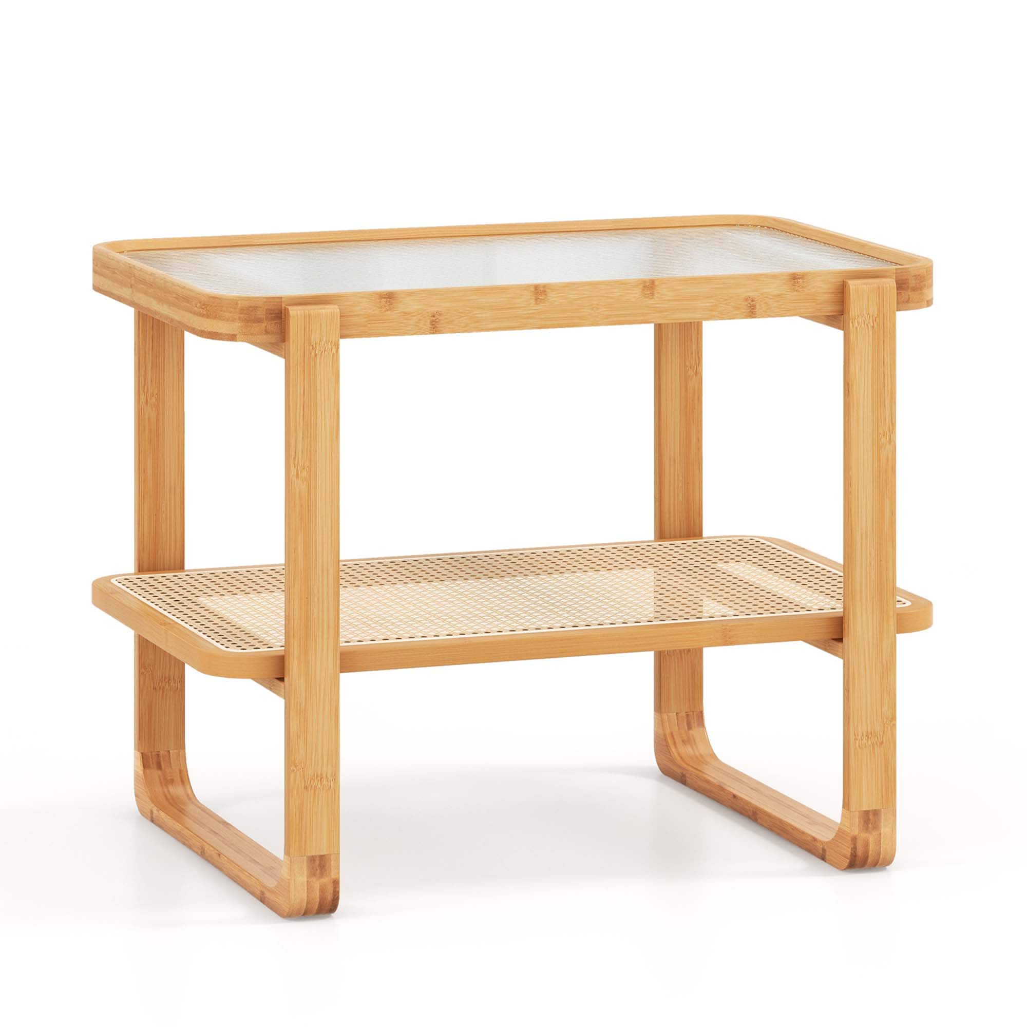 Front. Costway - 1 PC Bamboo Side Table with Rattan Shelf Glass Top Nightstand Small Sofa End Table - Natural.