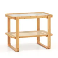 Costway 1 PC Bamboo Side Table with Rattan Shelf Glass Top Nightstand Small Sofa End Table - Natural - Front_Zoom