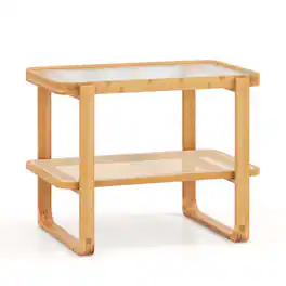 Costway - 1 PC Bamboo Side Table with Rattan Shelf Glass Top Nightstand Small Sofa End Table - Natural