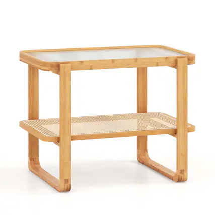 Front. Costway - 1 PC Bamboo Side Table with Rattan Shelf Glass Top Nightstand Small Sofa End Table - Natural.