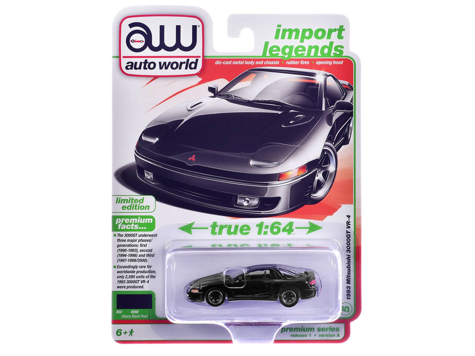 a import legends world die-cast metal body and chassis rubber tires opening hood auto limited edition premium facts... The 3000GT underwent three major phases/ generations: first (1990-1993), second (1994-1996) and third (1997-1999/2000), Exceedingly rare for worldwide production, only 2,595 units of the 1953 3000GT VR-4 were produced. 4558 Albany Stack Peart true 1:64 VR-4 3000GT Mitsubishi 1993 5 P 6+ + premium series release 1 version A