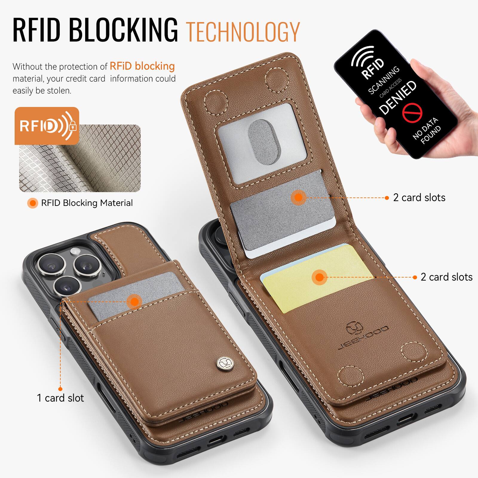 RFID BLOCKING TECHNOLOGY

Without the protection of RFID blocking material, your credit card information could easily be stolen.

RFID Blocking Material

1 card slot

2 card slots

2 card slots
