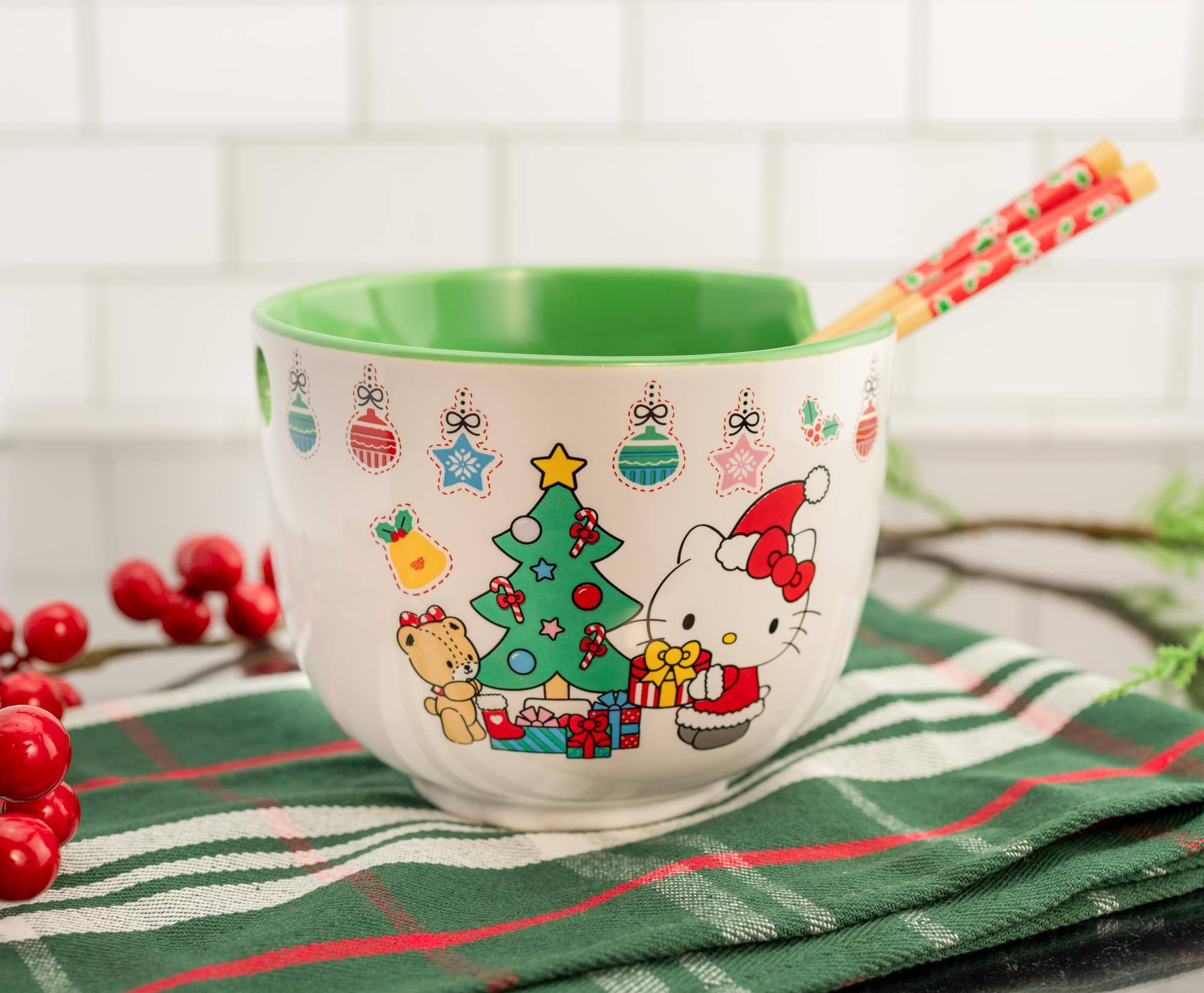 Alt View 5. Silver Buffalo - Sanrio Hello Kitty Holiday 20-Ounce Ceramic Ramen Bowl and Chopstick Set - White.