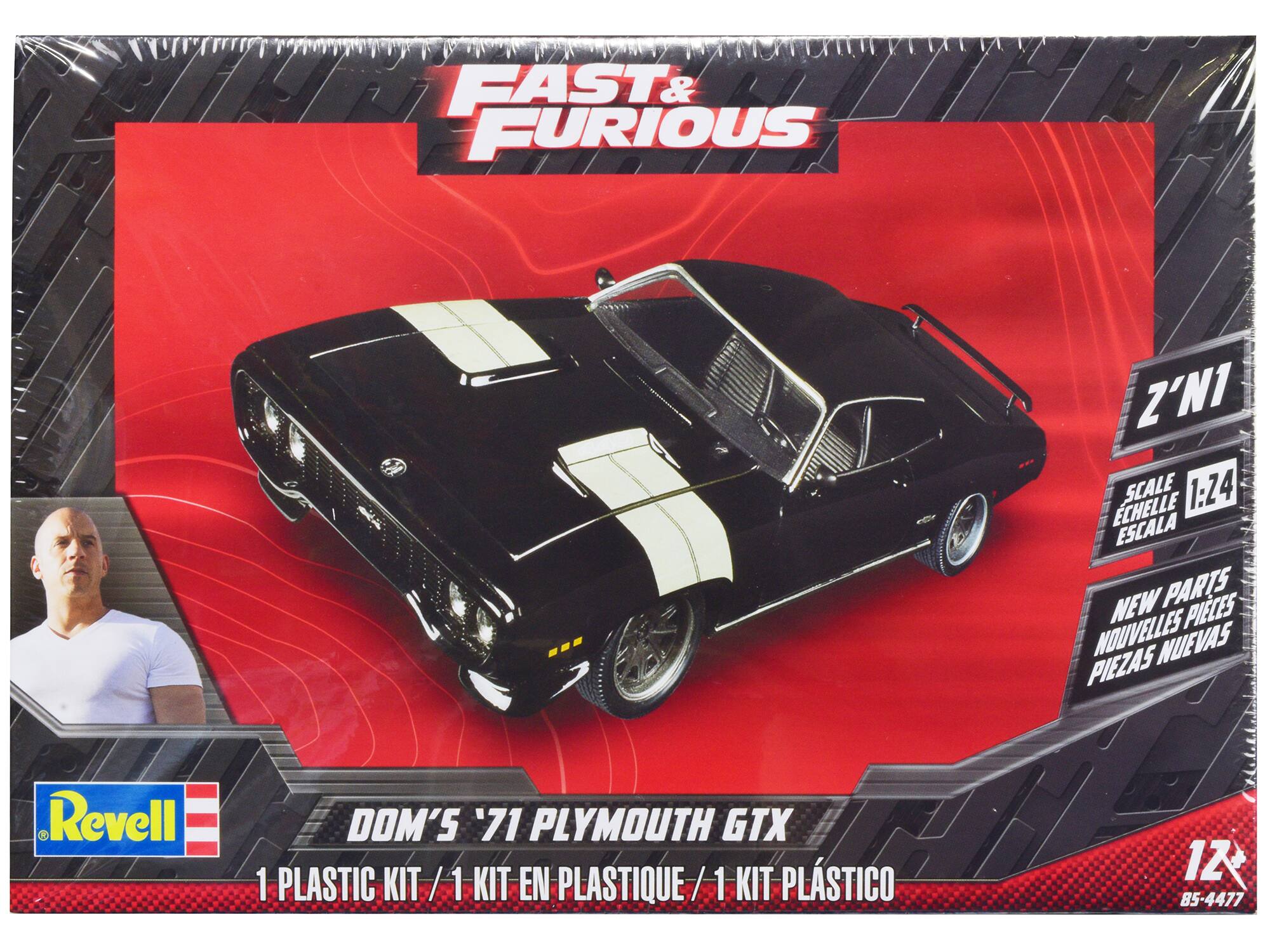 FAST & FURIOUS  
Z'N1  
SCALE 1:24  
ECHELLE ESCALA  
NEW PARTS  
NOUVELLES PIÈCES  
PIEZAS NUEVAS  

DOM'S '71 PLYMOUTH GTX  
1 PLASTIC KIT / 1 KIT EN PLASTIQUE / 1 KIT PLÁSTICO  

Revell  
12+  
85-4477