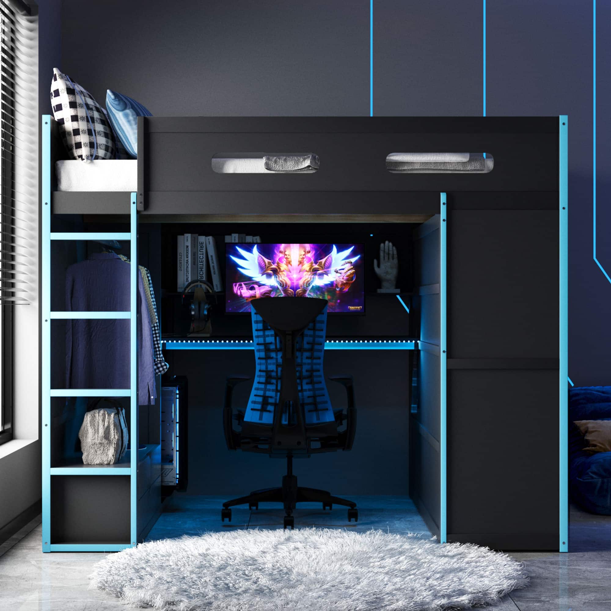 Anysun - Full Size Wood Loft Bed with Desk,Wardrobe,Ample Storage Space,and RGB Light - Blue