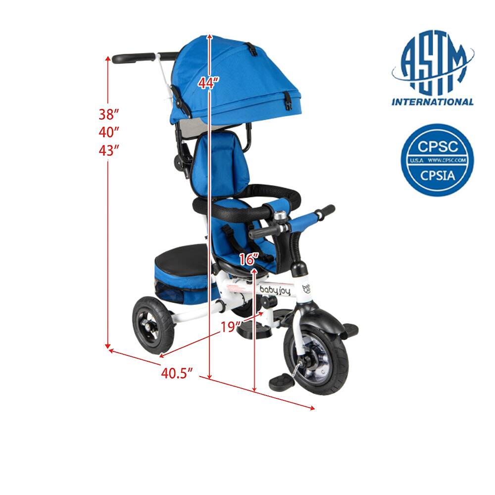 Sure, here is the corrected and grouped text from the image:

- **Dimensions:**
  - 38"
  - 40"
  - 43"
  - 44"
  - 16"
  - 19"
  - 40.5"

- **Brands and Certifications:**
  - ASTM INTERNATIONAL
  - CPSC U.S.A. WWW.CPSC.COM
  - CPSIA

- **Product:**
  - babyjoy