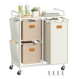 Songmics Home - Laundry Hamper with 3 Compartments, 100 L, Rolling Laundry Cart with Shelves, Removable Liners, 6 Labels, Natural Beige - Camel Brown and Cream White