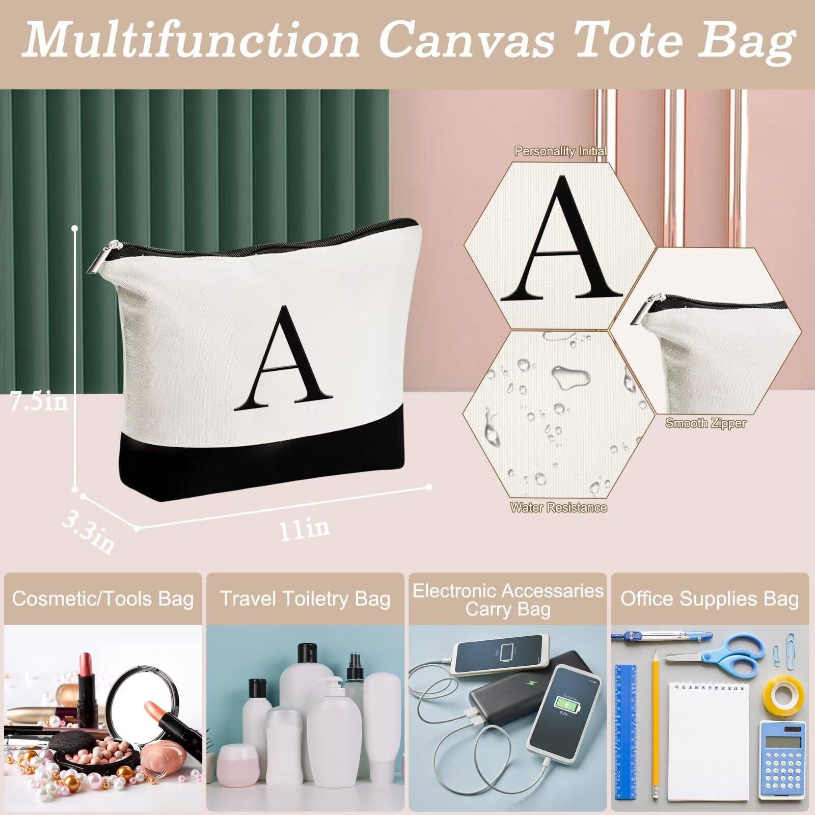 Multifunction Canvas Tote Bag

- 7.5in
- 3.3in
- 11in

Features:
- Personality Initial
- Smooth Zipper
- Water Resistance

Uses:
- Cosmetic/Tools Bag
- Travel Toiletry Bag
- Electronic Accessories Carry Bag
- Office Supplies Bag