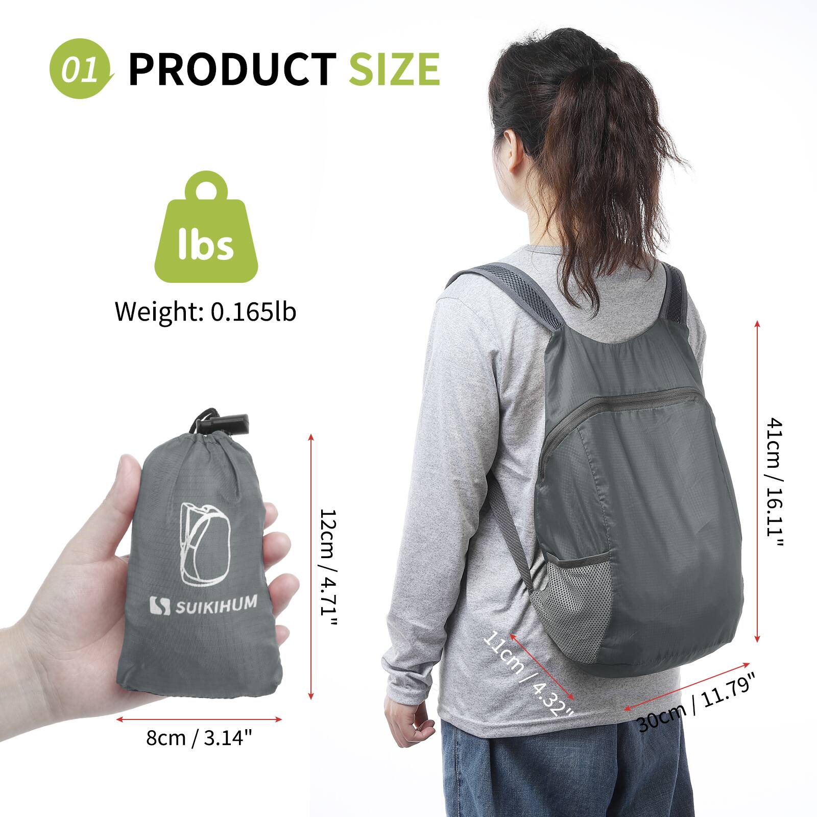 01 PRODUCT SIZE

Weight: 0.165lb

SUIKIHUM

8cm / 3.14"  
12cm / 4.71"  
11cm / 4.32"  
41cm / 16.11"  
30cm / 11.79"