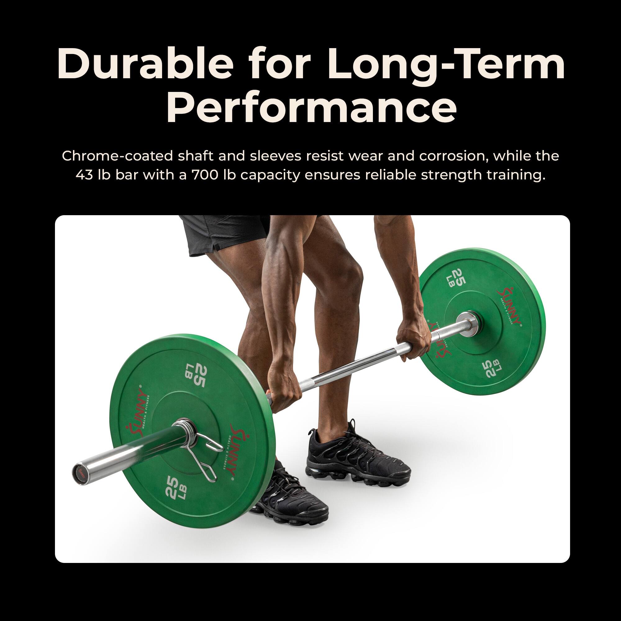 Durable for Long-Term Performance

Chrome-coated shaft and sleeves resist wear and corrosion, while the 43 lb bar with a 700 lb capacity ensures reliable strength training.