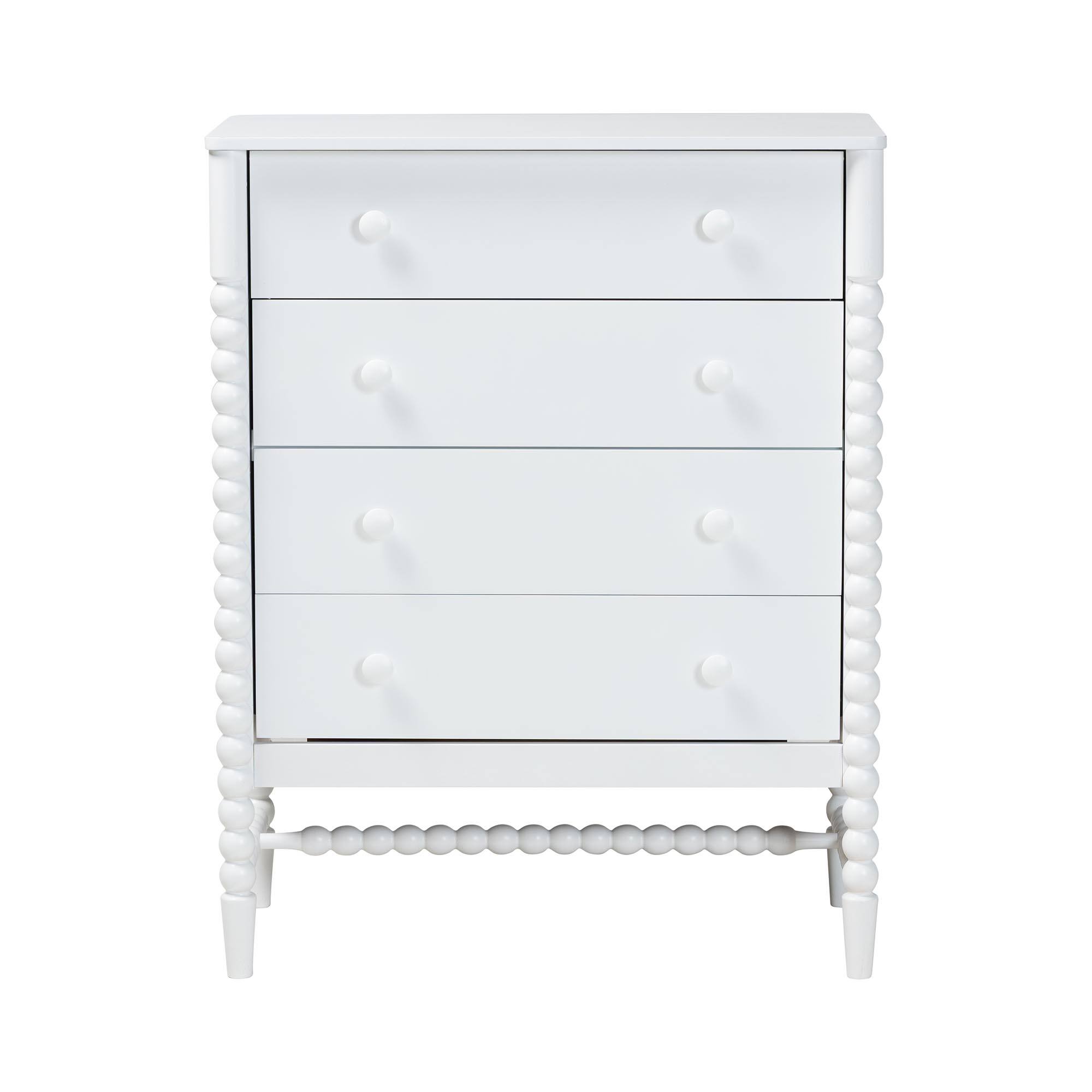 Back. Baxton Studio - Brantley Spindle Chest - 4-Drawer Vertical Storage Cabinet with Beaded Frame and Elevated Base for Bedroom - White.