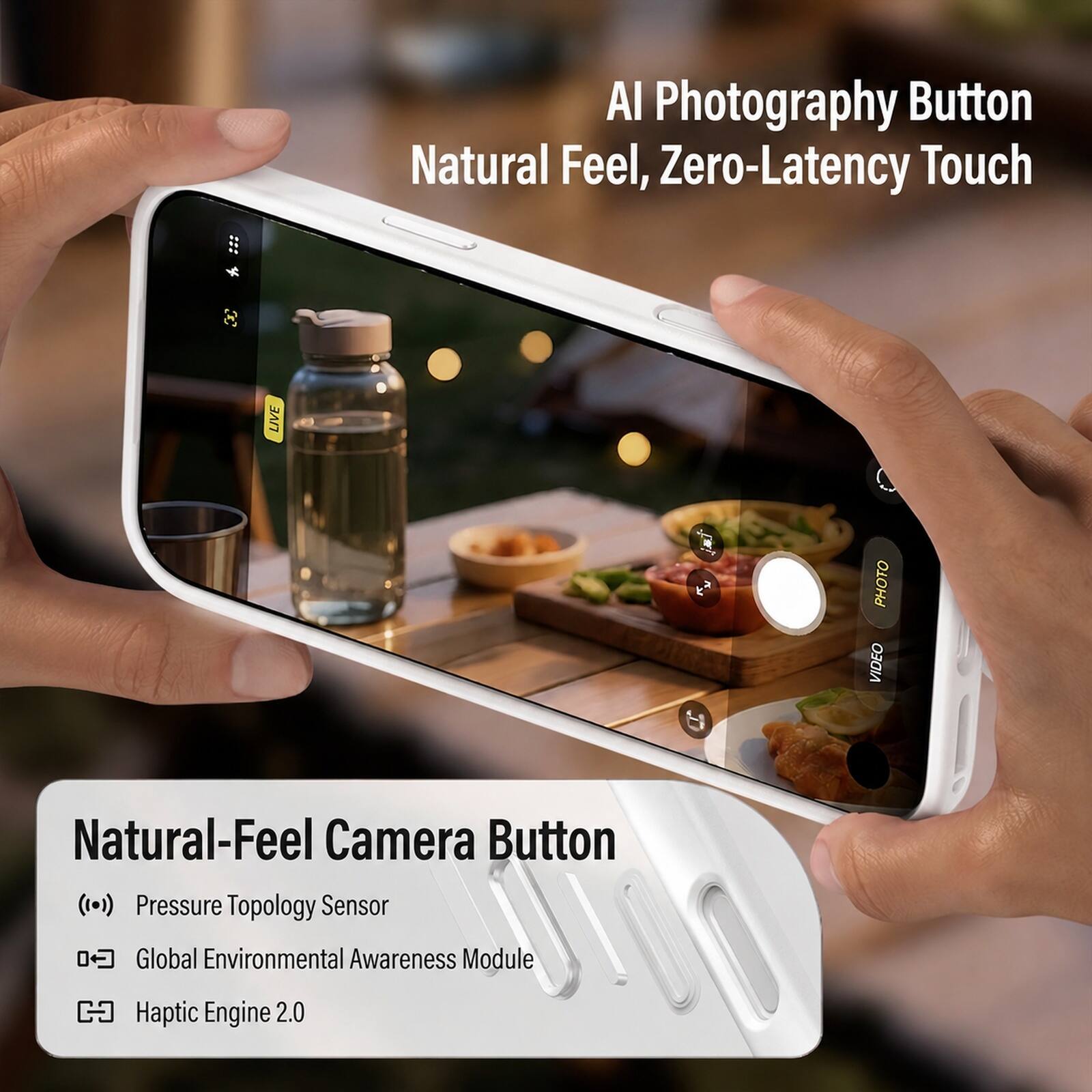AI Photography Button Natural Feel, Zero-Latency Touch

LIVE PHOTO VIDEO

Natural-Feel Camera Button
Pressure Topology Sensor
Global Environmental Awareness Module
Haptic Engine 2.0