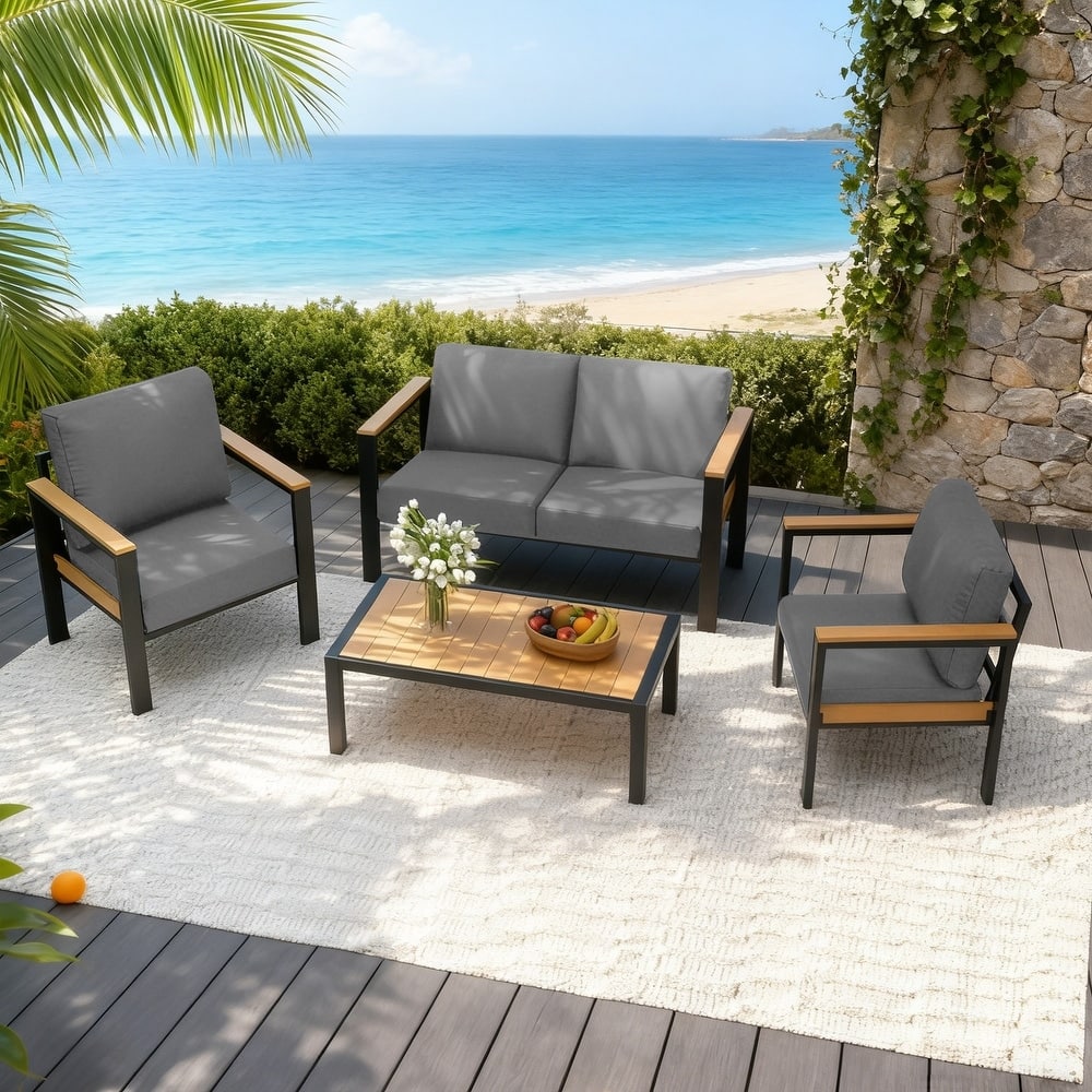 U-HOMY - Outdoor Patio Furniture Set: 4-Piece Aluminum Conversation Group with Table, All-Weather - Gray