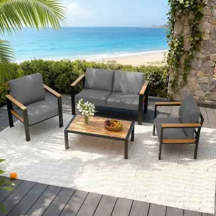 Front. U-HOMY - Outdoor Patio Furniture Set: 4-Piece Aluminum Conversation Group with Table, All-Weather - Grey.