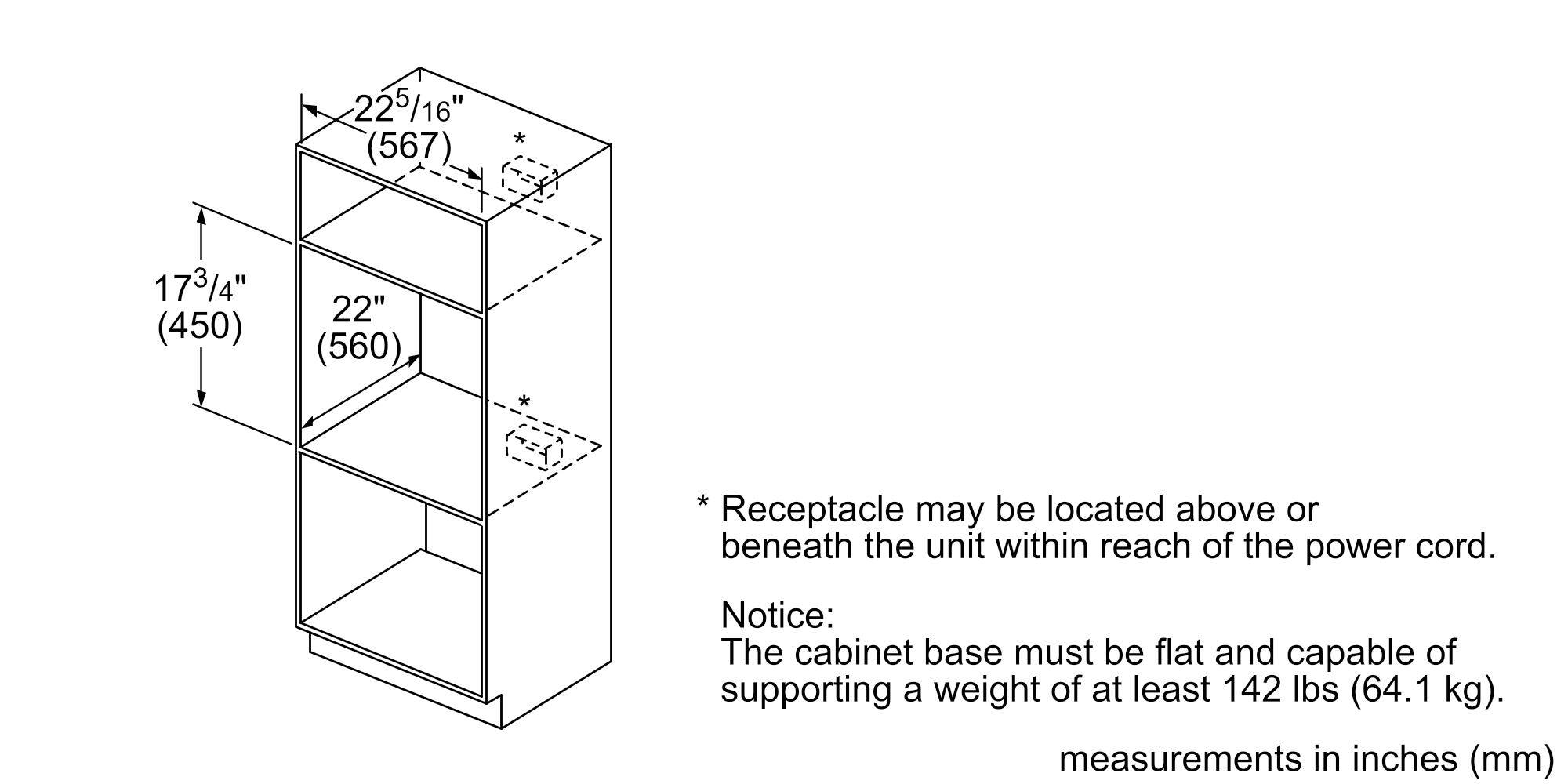22 5/16" (567)  
17 3/4" (450)  
22" (560)  

* Receptacle may be located above or beneath the unit within reach of the power cord.  

Notice: The cabinet base must be flat and capable of supporting a weight of at least 142 lbs (64.1 kg).  

measurements in inches (mm)