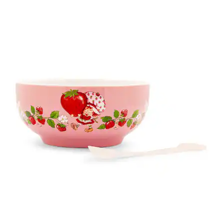Front. Silver Buffalo - Strawberry Shortcake Ceramic Bowl With Color-Changing Spoon | Holds 27 Ounces - Pink.