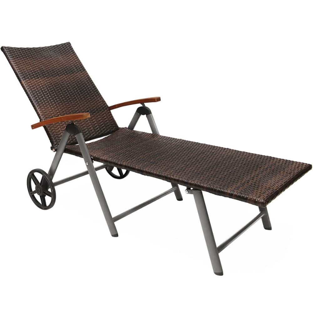 Pefilos - Patio Lounge Chair, Rattan Lounger Recliner Chair Back Adjustable Chaise Recliner, Gray Cushion - Brown