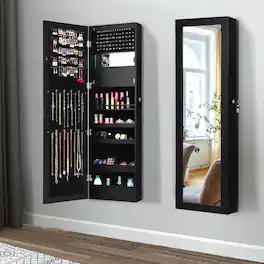 Gymax - Wall Door Mounted Lockable Jewelry Cabinet Armoire Organizer w/LED - Black