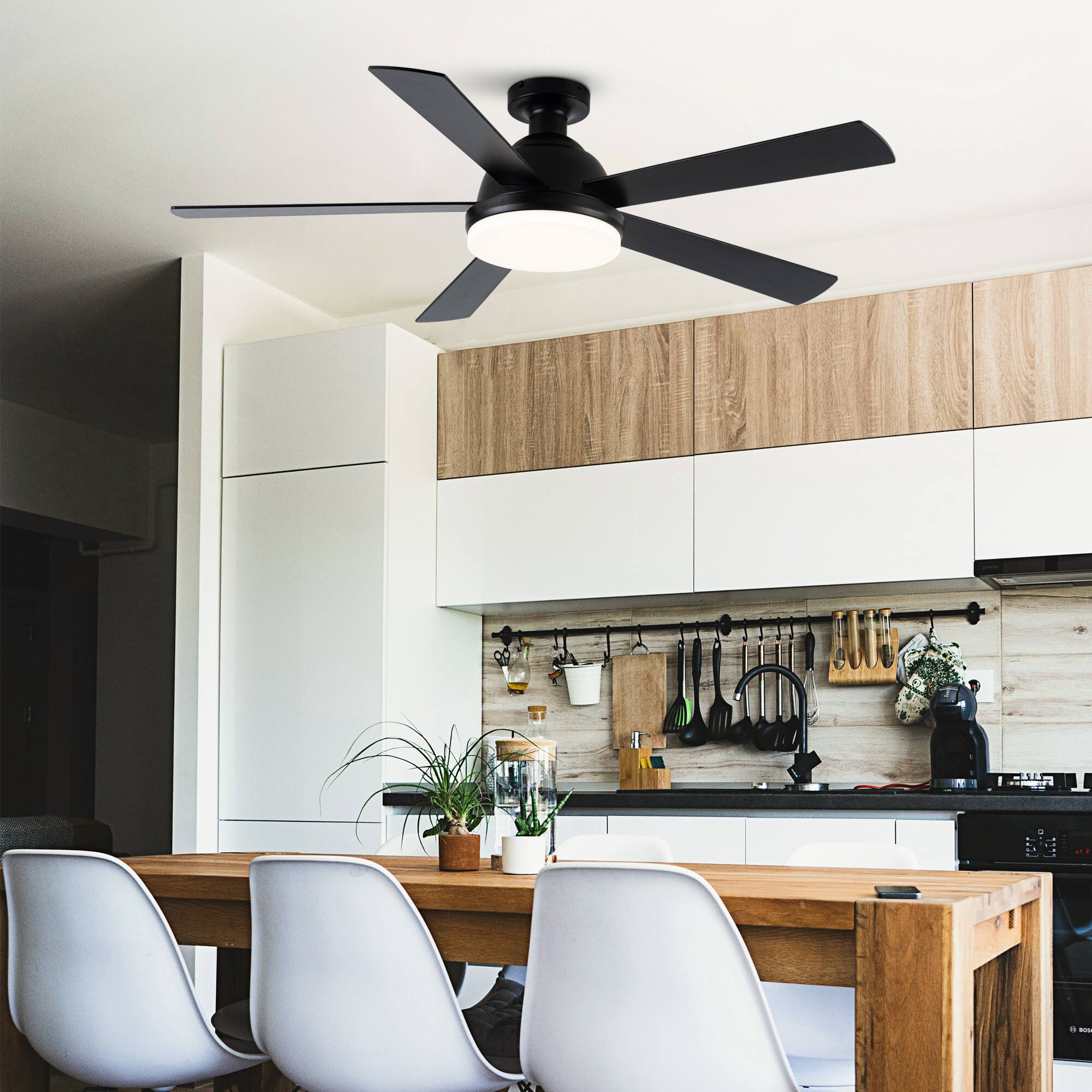 Left. Vaczon - 52‘’ Industrial Reversible Flush Mount Smart Ceiling Fan with Light and APP - Black.