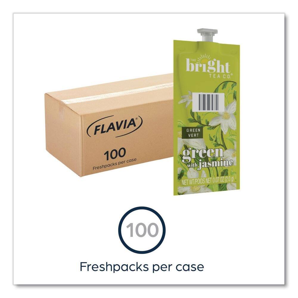 The Bright Tea Co. Flavia  
100 Freshpacks per case  
Green Vert with Jasmine  
Net Wt/Poids Net 0.07 oz (2.0 g)  
100 Freshpacks per case