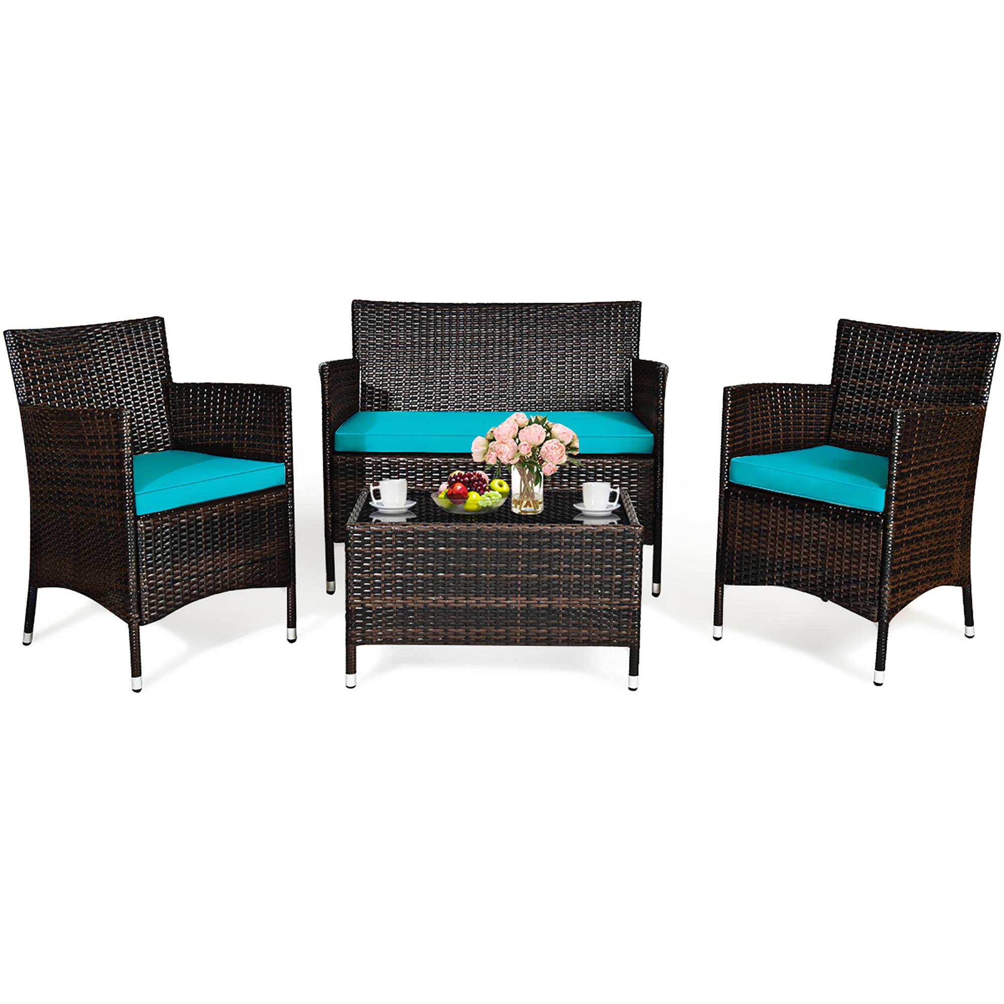 Alt View 1. Gymax - Gymax 4PCS Patio Rattan Conversation Furniture Set Outdoor Turquoise Cushioned - Turquoise.