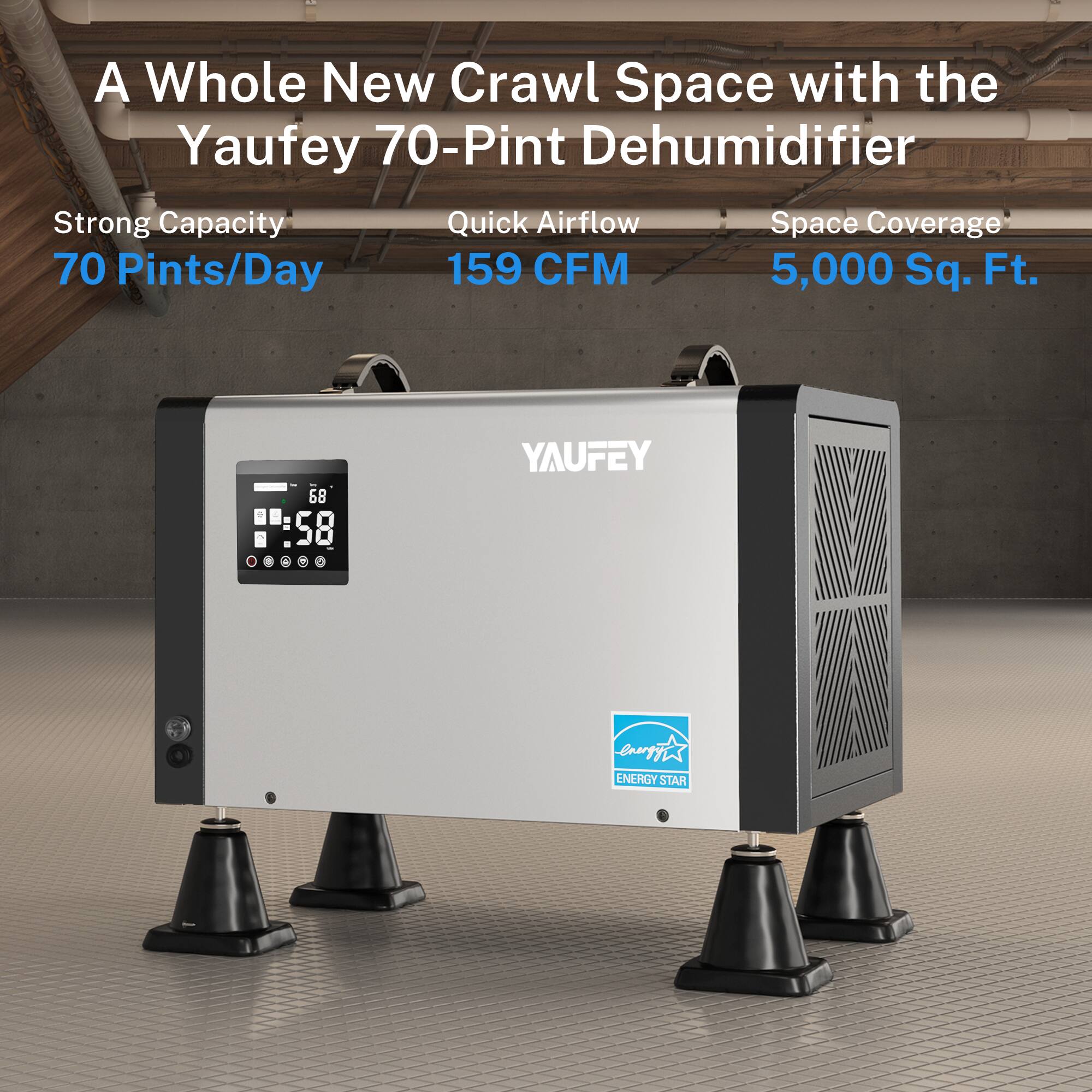 A Whole New Crawl Space with the Yaufey 70-Pint Dehumidifier

Strong Capacity: 70 Pints/Day
Quick Airflow: 159 CFM
Space Coverage: 5,000 Sq. Ft.

YAUFEY

ENERGY STAR