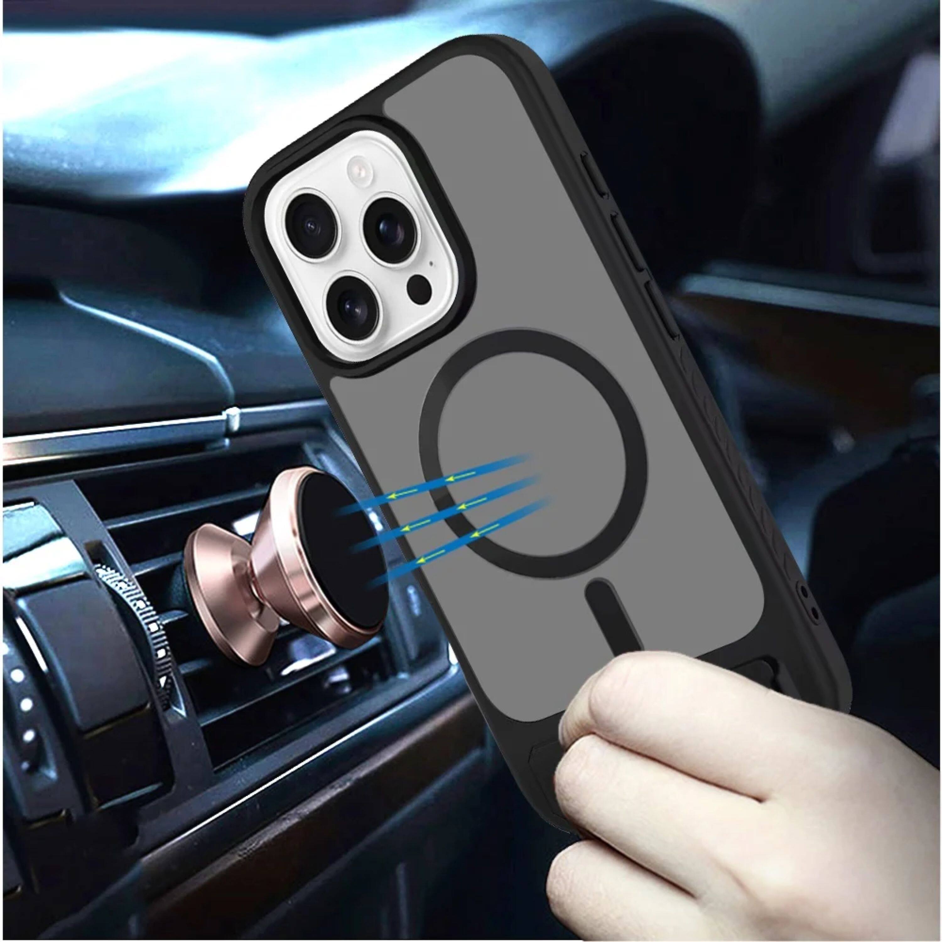 Left. Kitcheniva - Magnetic Circle Metal Kickstand Phone Case With Tempered Glass For iPhone 16 Pro Max Black - Black.