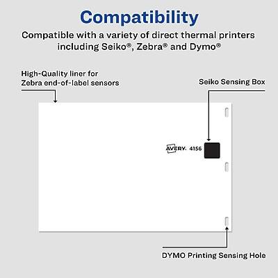 Compatibility  
Compatible with a variety of direct thermal printers including Seiko®, Zebra® and DYMO®  

High-Quality liner for Zebra end-of-label sensors  

Seiko Sensing Box  

AVERY 4156  

DYMO Printing Sensing Hole