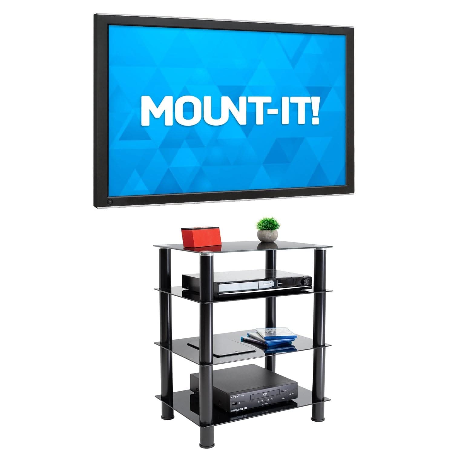 Angle. Mount-It! - Four‑Tiered Glass A/V Media Stand with Tempered Shelves & High Load Capacity for Component Storage, Black - Black.