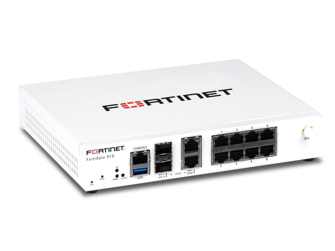 FORTINET  
FORTINET  
CONSOLE  
FortiGate 91G  
USB  
STATUS  
POWER  
SFP1  
SFP2  
shared  
WAN1  
WAN2  
BLE