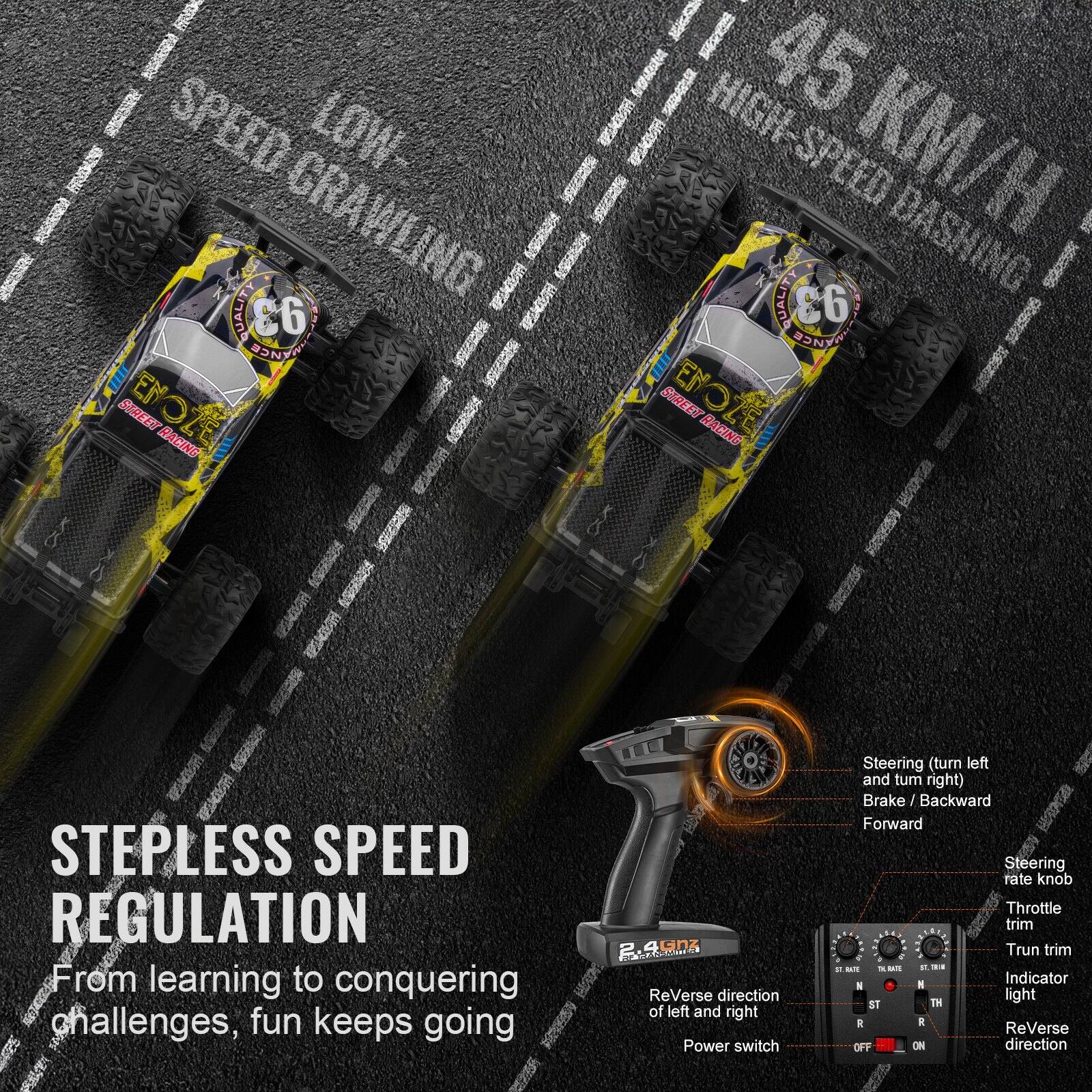 **SPEED LOW-CRAWLING QUALITY 93**

**45 KM/H HIGH-SPEED DASHING QUALITY 93**

**STEPLESS SPEED REGULATION**

From learning to conquering challenges, fun keeps going

- Steering (turn left and turn right)
- Brake / Backward
- Forward
- Steering rate knob
- Throttle trim
- Turn trim
- Indicator & 4 TH light
- Reverse direction of left and right
- Power switch
- Reverse direction

**C6 BONYA ENOLLE SPEED REGULATION**

**2.4G0Z**