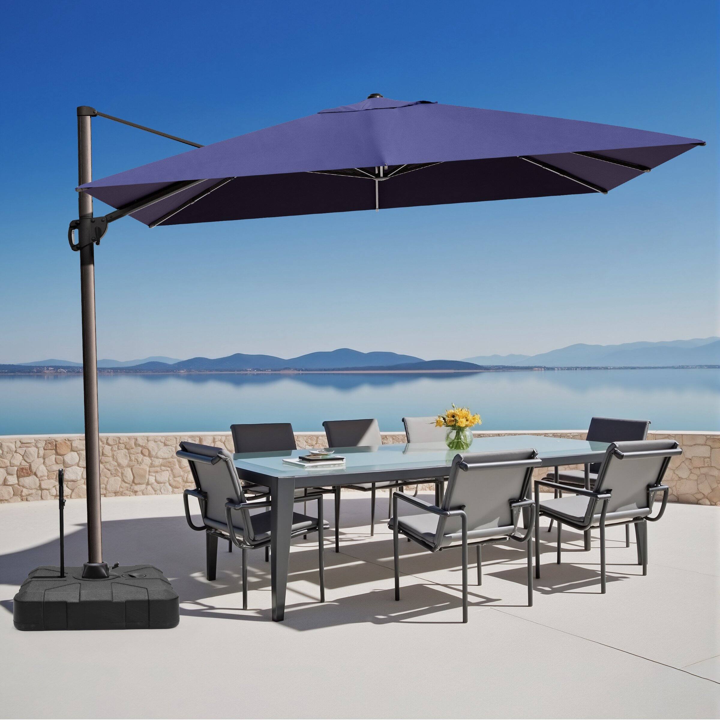 Angle. Crestlive Products - Crestlive Products 12-ft Aluminum Tan Slide-tilt Cantilever Patio Umbrella with base - Navy blue.
