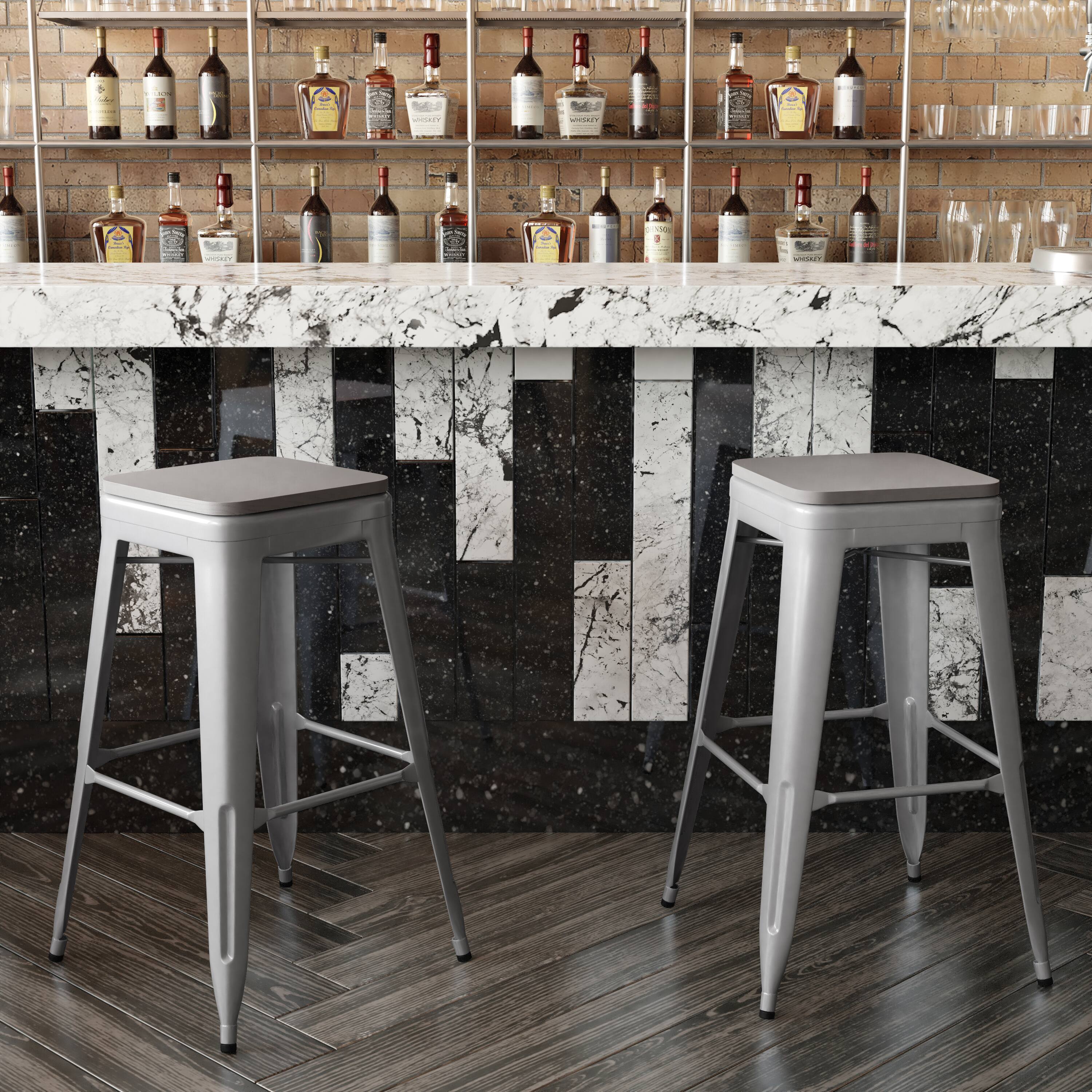 Alt View 3. Emma + Oliver - Kam Backless Metal Indoor-Outdoor Stool with All-Weather Polystyrene Seat - Gray Seat/Silver Frame.