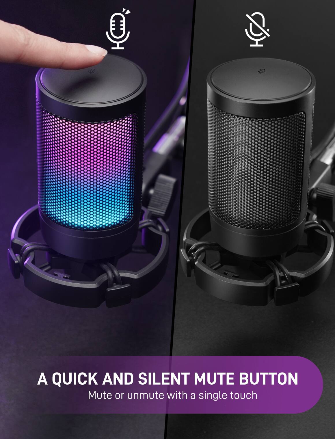 A quick and silent mute button. Mute or unmute with a single touch.