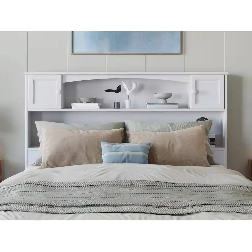 Angle. Hivvago - Full size Farmhouse Bookcase Headboard in White Wood Finish - White.