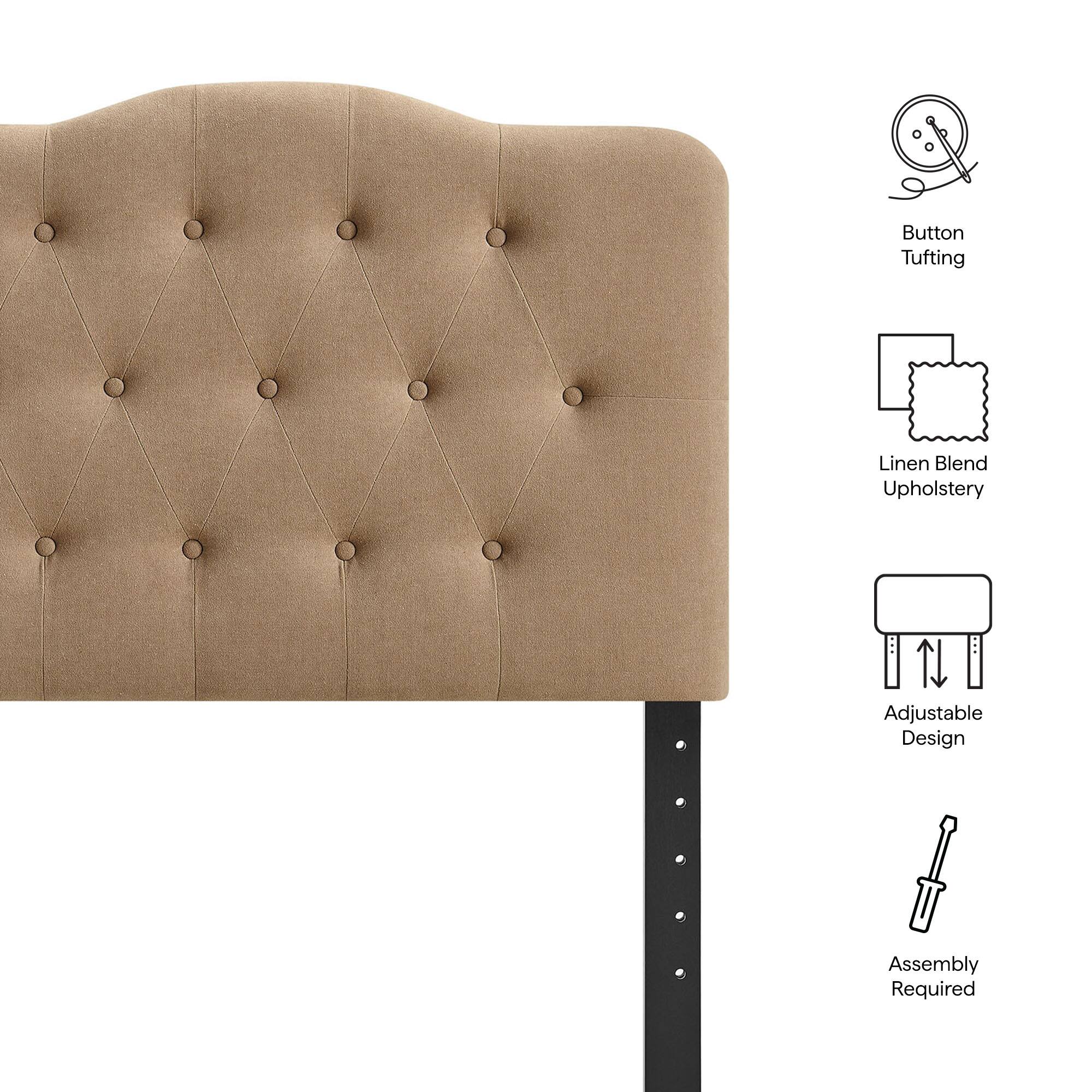 Button Tufting  
Linen Blend Upholstery  
Adjustable Design  
Assembly Required
