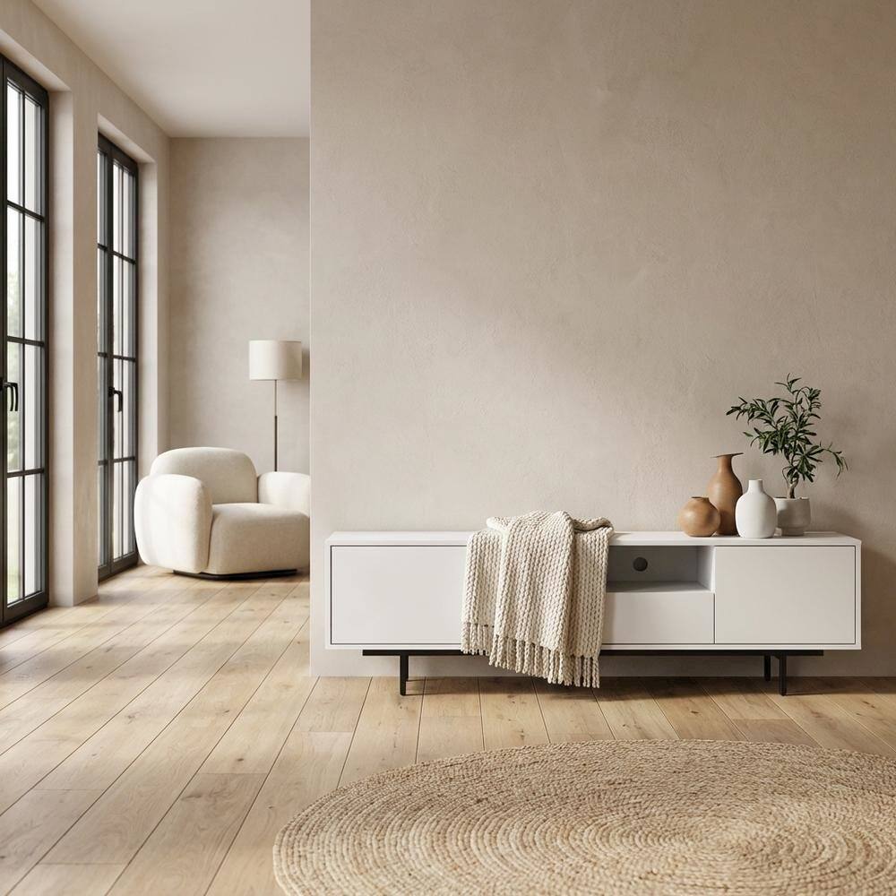 Left. FurniFact - White Laminate TV Console with 3 Doors in Modern and Industrial Styles - White.