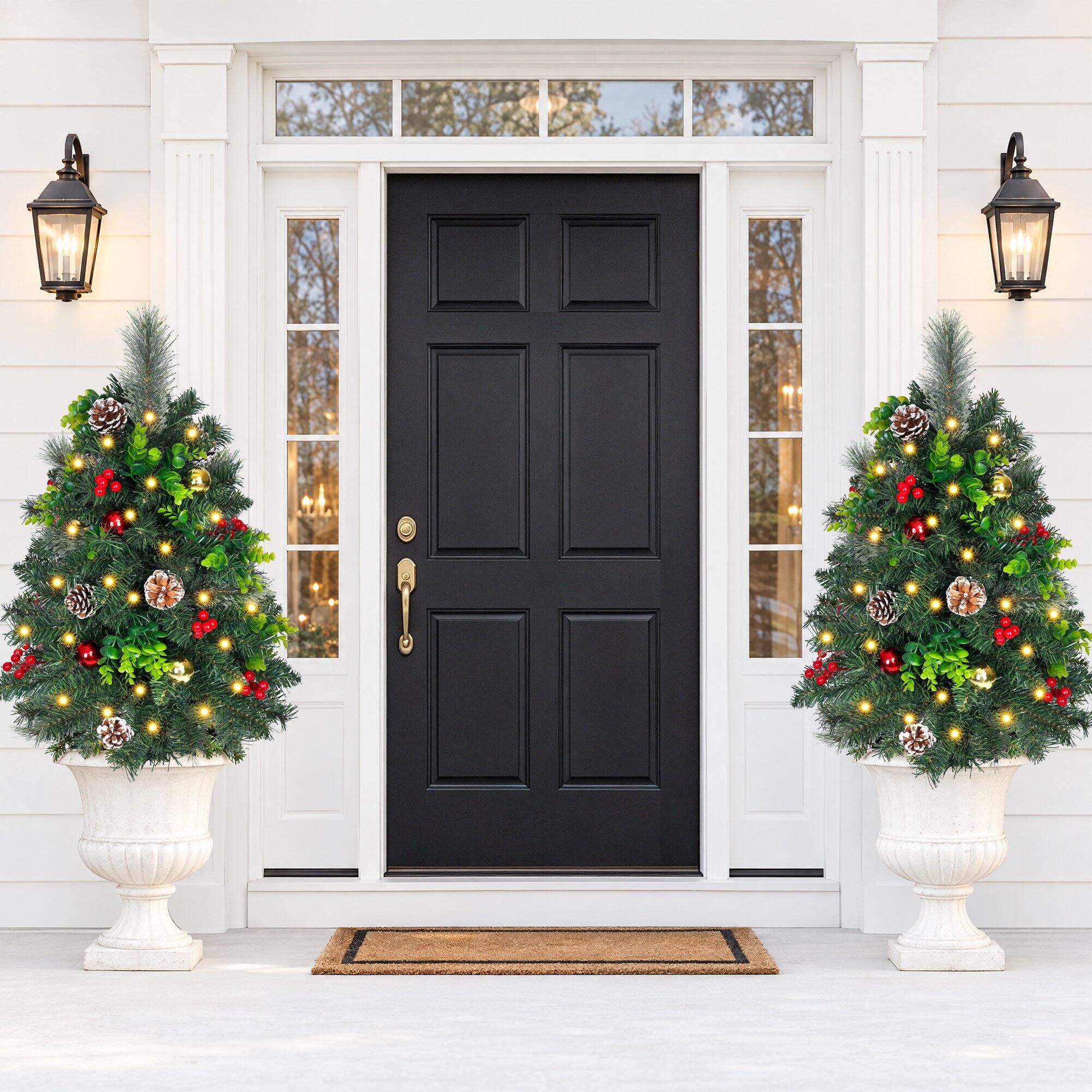 Angle. Wisairt - 24" Outdoor Christmas Trees, 2-Pack Artificial Evergreen Trees with Pinecones, Berries & Ornaments - Green.