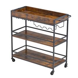 VEVOR - Bar Cart, 3 Tiers Home Kitchen Serving Carts, Industrial Rolling Utility Station on Wheel, Mobile Drink Beverage Shelf - Black + Brown