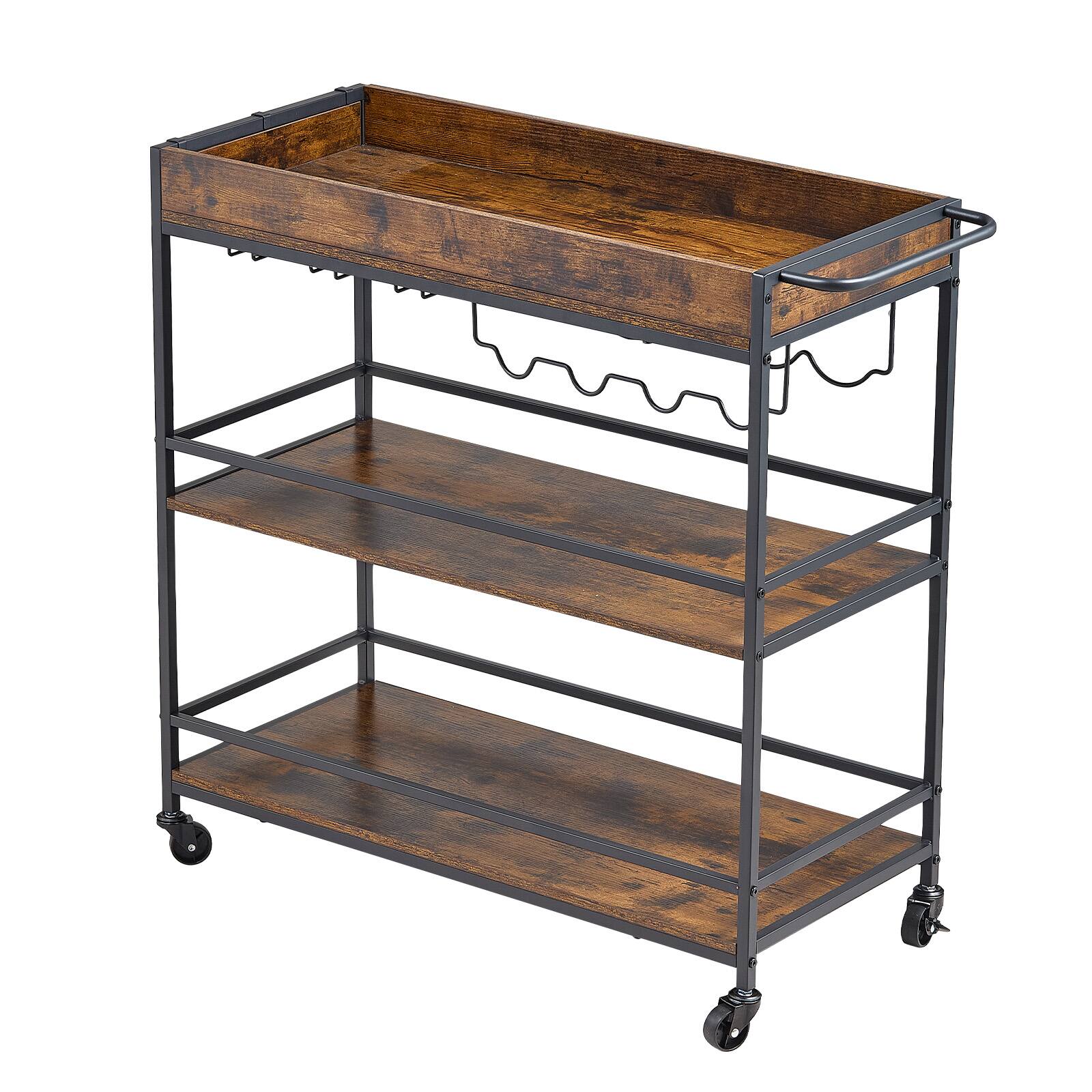 Front. VEVOR - Bar Cart, 3 Tiers Home Kitchen Serving Carts, Industrial Rolling Utility Station on Wheel, Mobile Drink Beverage Shelf - Black + Brown.