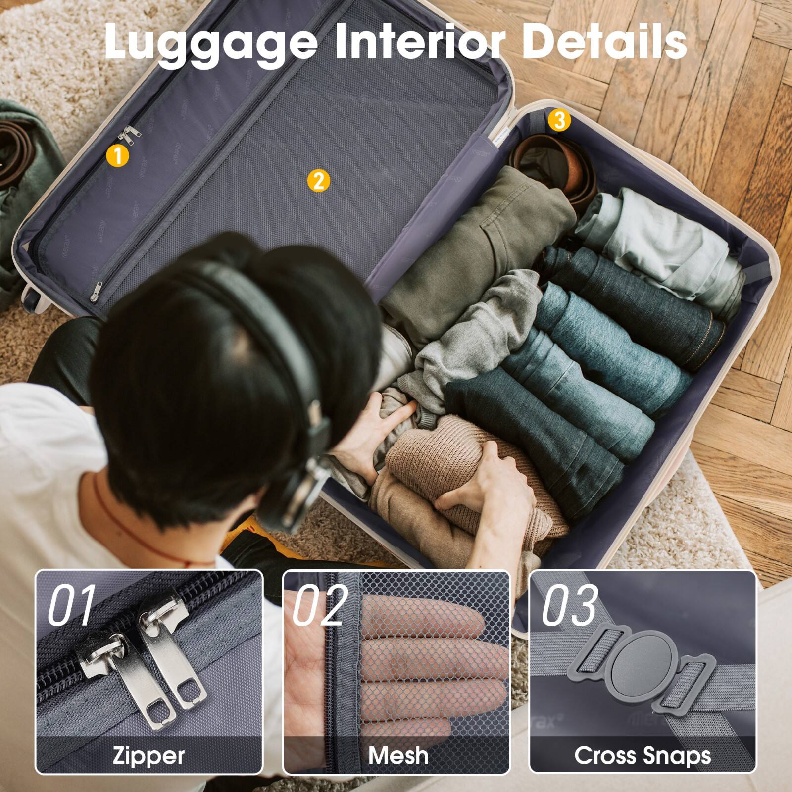 Luggage Interior Details

1. Zipper
2. Mesh
3. Cross Snaps
