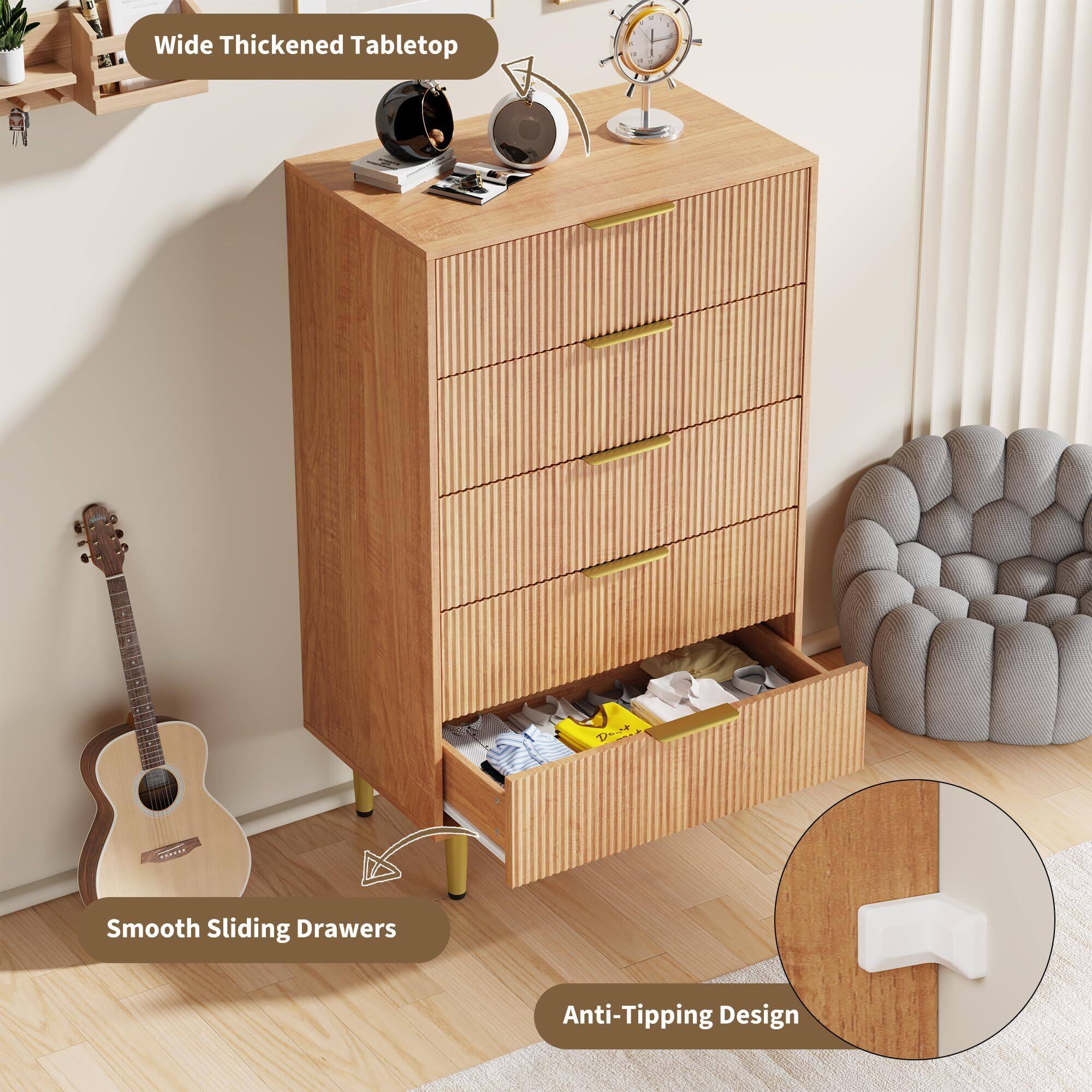 Alt View 4. Acekool - Fluted Dresser for Bedroom with 5 Drawers, Wooden Chest of Drawers with Metal Handle & Feet - Yellow.