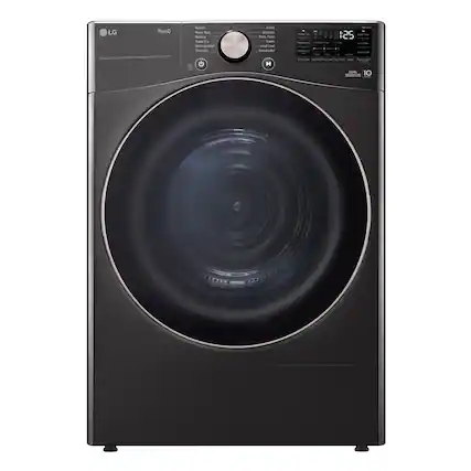 LG ThinQ NMAV3061DW washing machine with a spinning drum. The machine is black and has a digital display. It is designed to wash clothes and has a spin cycle to dry them. The machine is made by LG and is likely to be a high-quality appliance.