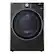 LG ThinQ NMAV3061DW washing machine with a spinning drum. The machine is black and has a digital display. It is designed to wash clothes and has a spin cycle to dry them. The machine is made by LG and is likely to be a high-quality appliance.