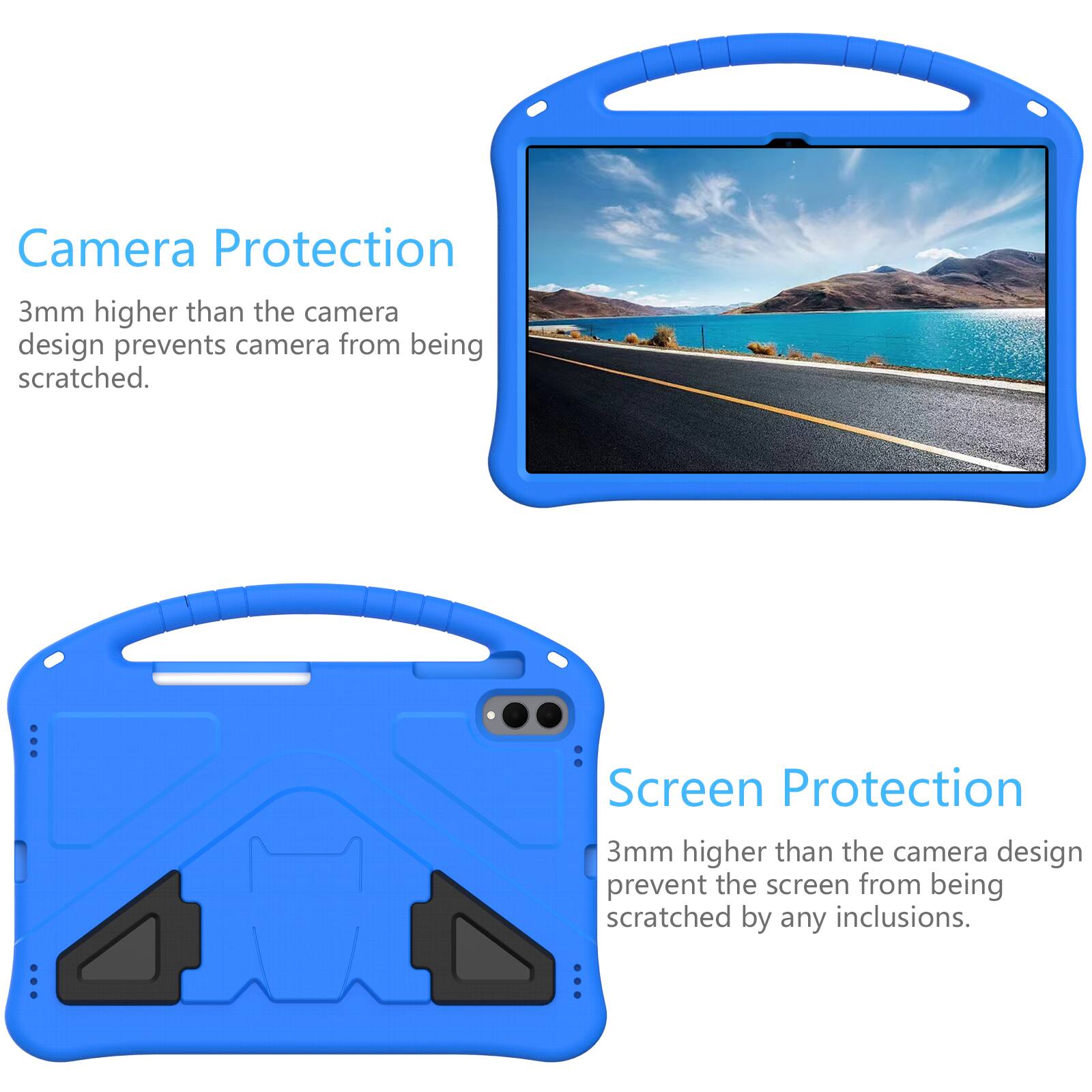 Camera Protection  
3mm higher than the camera design prevents camera from being scratched.  

Screen Protection  
3mm higher than the camera design prevent the screen from being scratched by any inclusions.