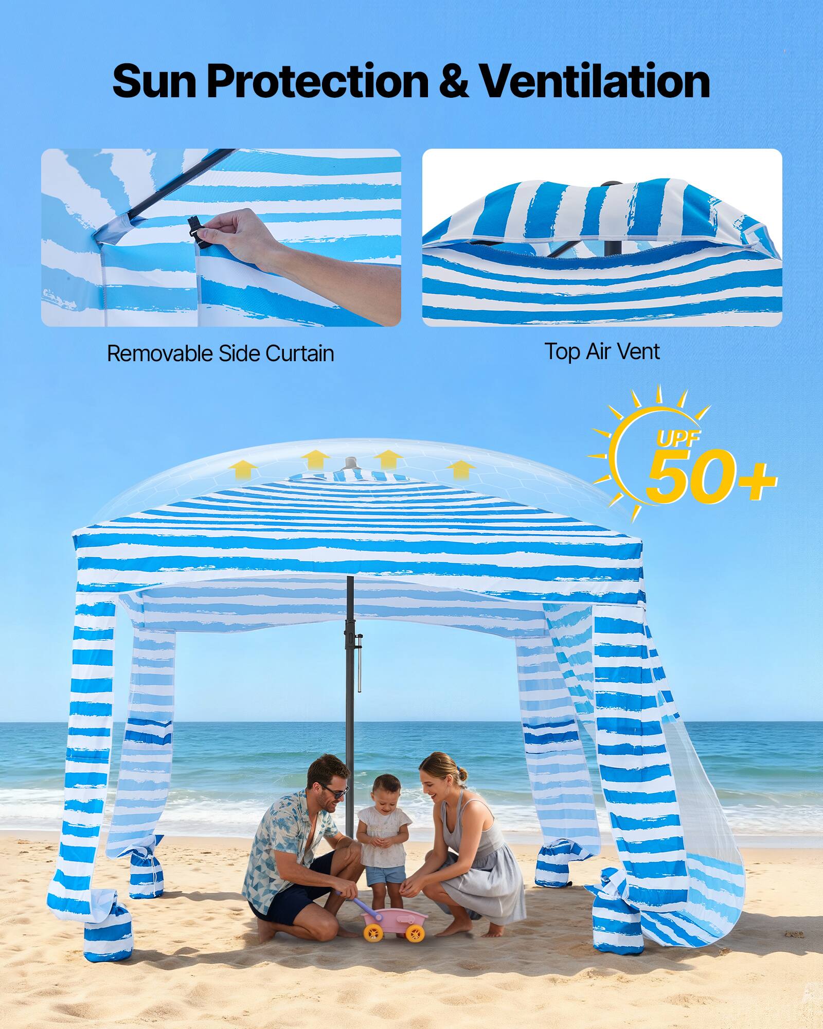 Sun Protection & Ventilation  
Removable Side Curtain  
Top Air Vent  
UPF 50+