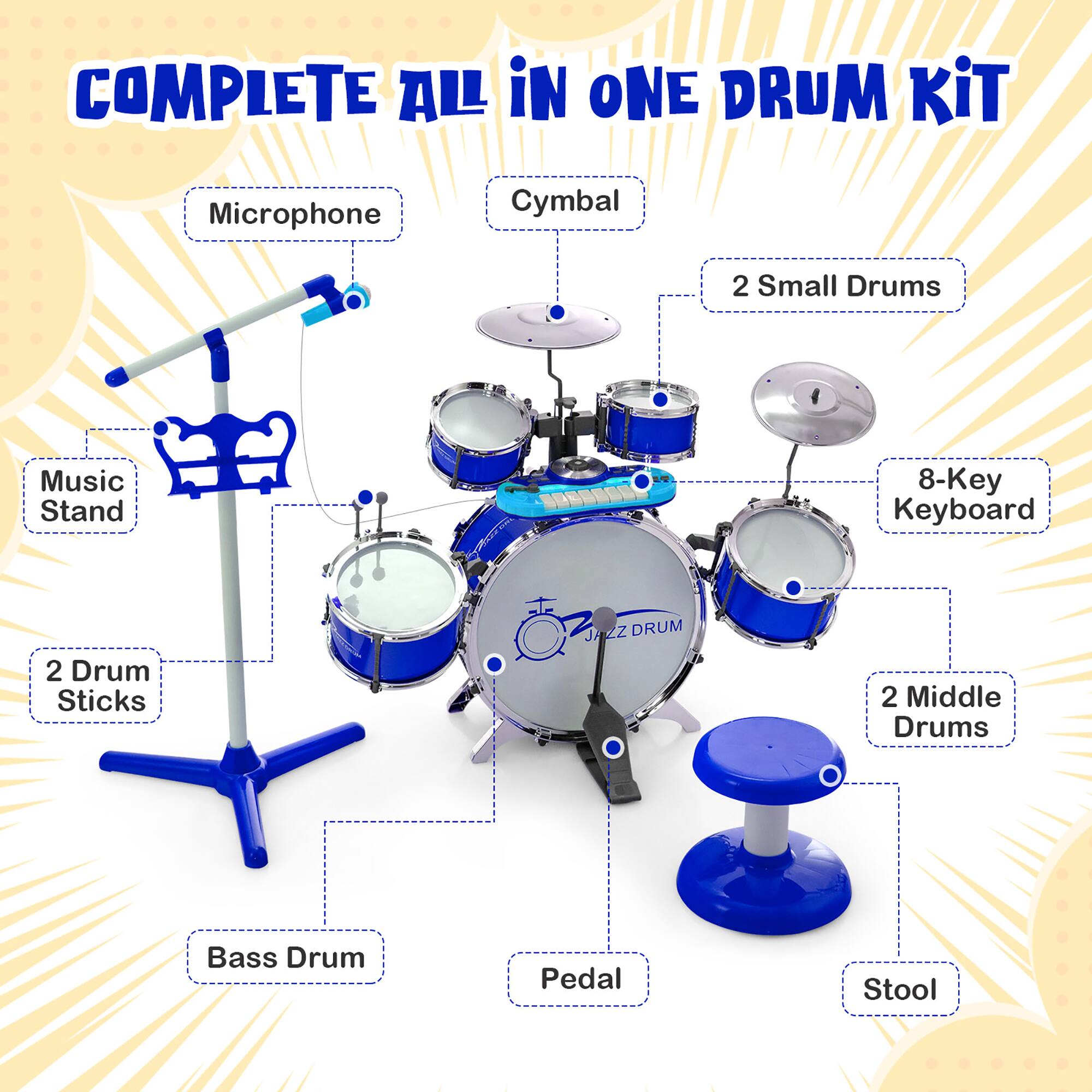 COMPLETE ALL IN ONE DRUM KIT

- Microphone
- Cymbal
- 2 Small Drums
- 8-Key Keyboard
- 2 Middle Drums
- Bass Drum
- Pedal
- Stool
- Music Stand
- 2 Drum Sticks